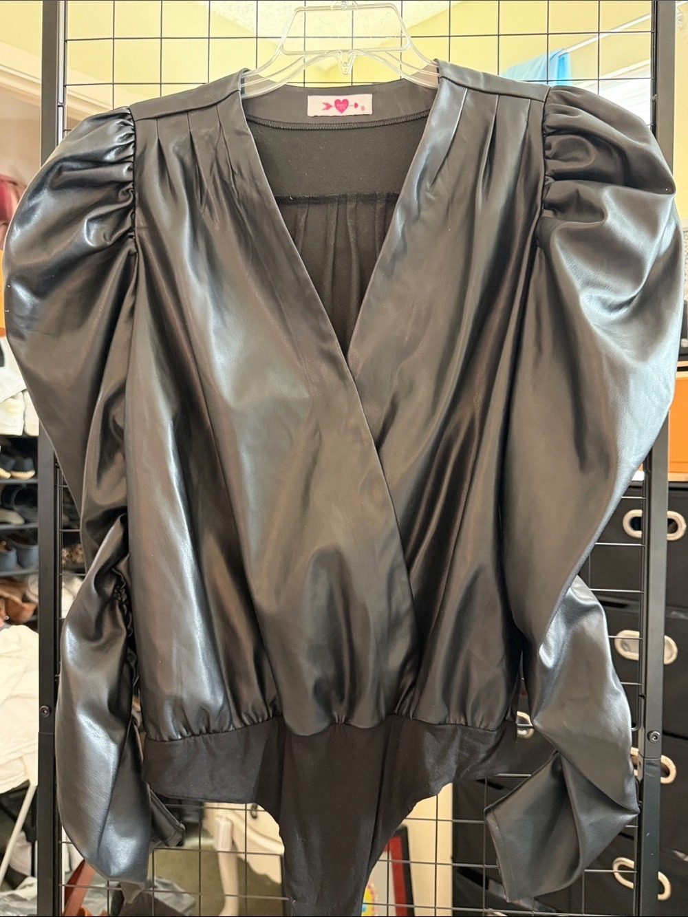 Buddy Love Joan Black Faux Leather Puff Sleeve Bodysuit M